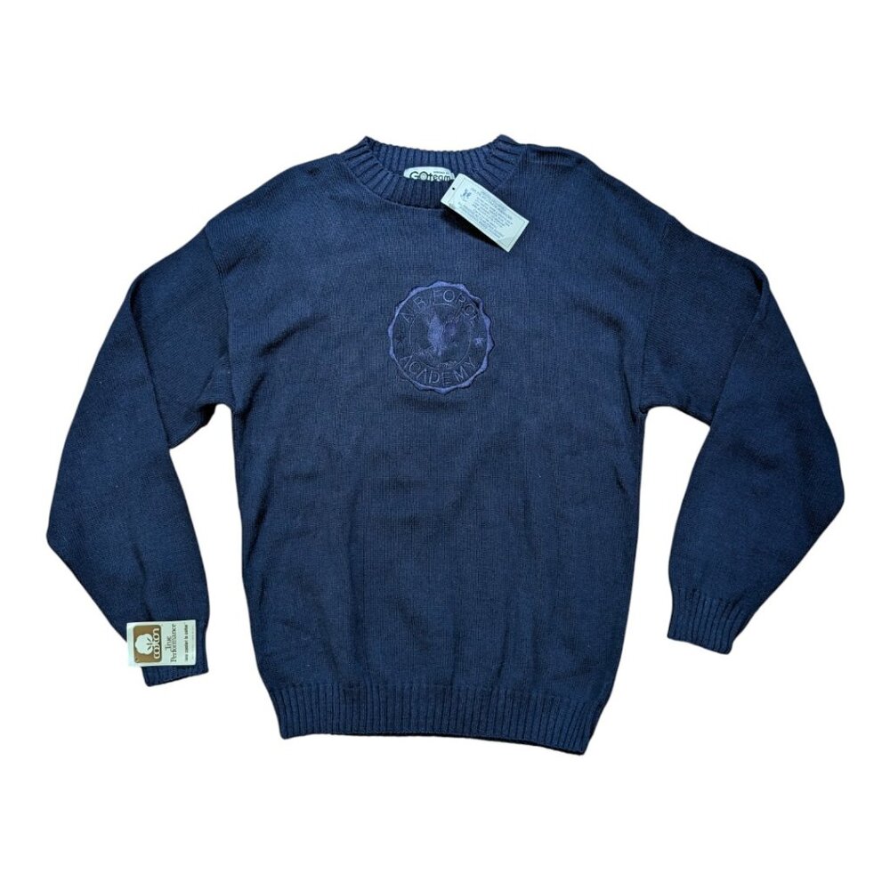 Vintage 80s Air Force Academy Crewneck Sweater Mens M Blue Flock Print Eagle